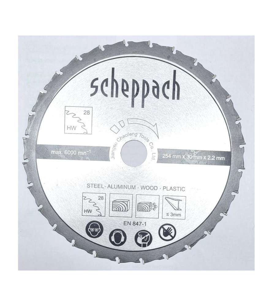 Lama per sega circolare in metallo duro Scheppach 254 mm - 28 denti per il taglio di alluminio, legno e plastica