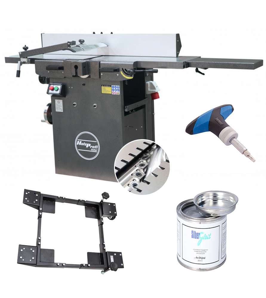 Dégauchisseuse raboteuse Holzprofi Maker DR310 arbre hélicoïdal avec rallonge, kit de déplacement, glisse-bois et clé dynamo !