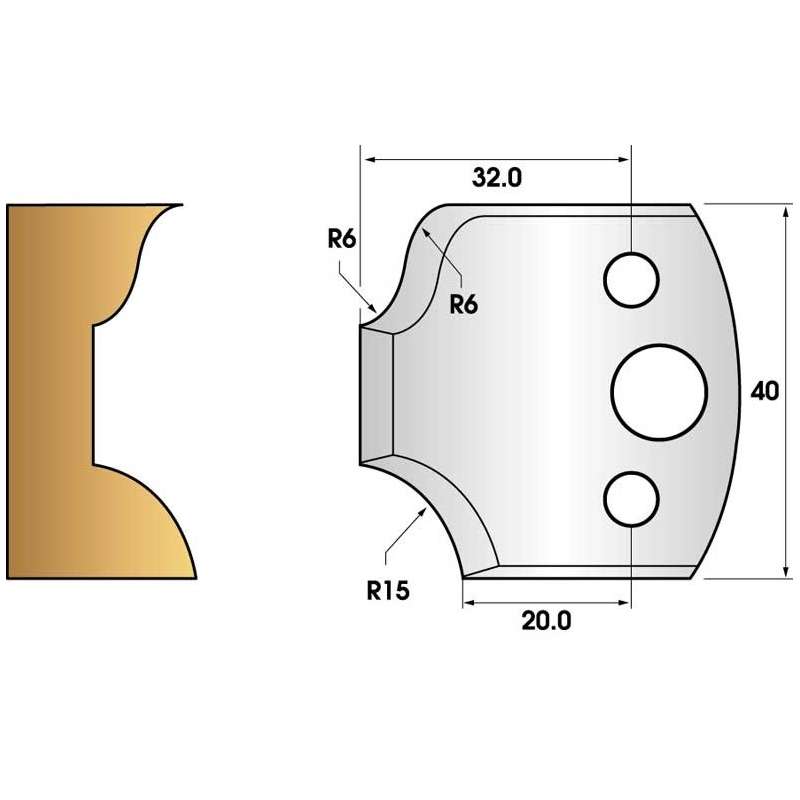 Coltelli e limitatori de 40 mm n° 44 - lasciare raggio di 15 mm e 6mm profilo