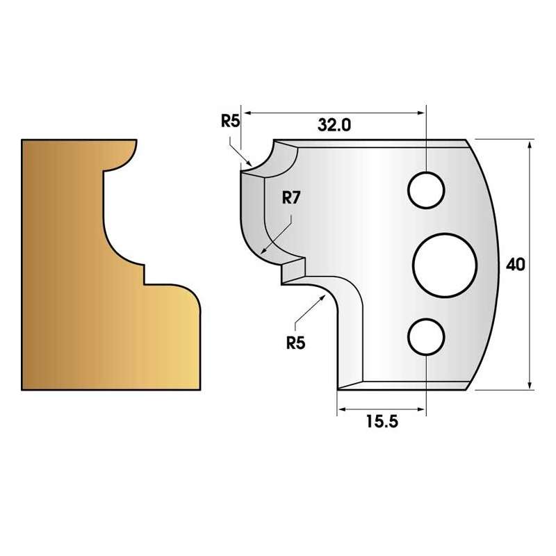 Profile knives or limiters 40 mm n° 82 - quarter round radius 5mm, fillet radius 7mm