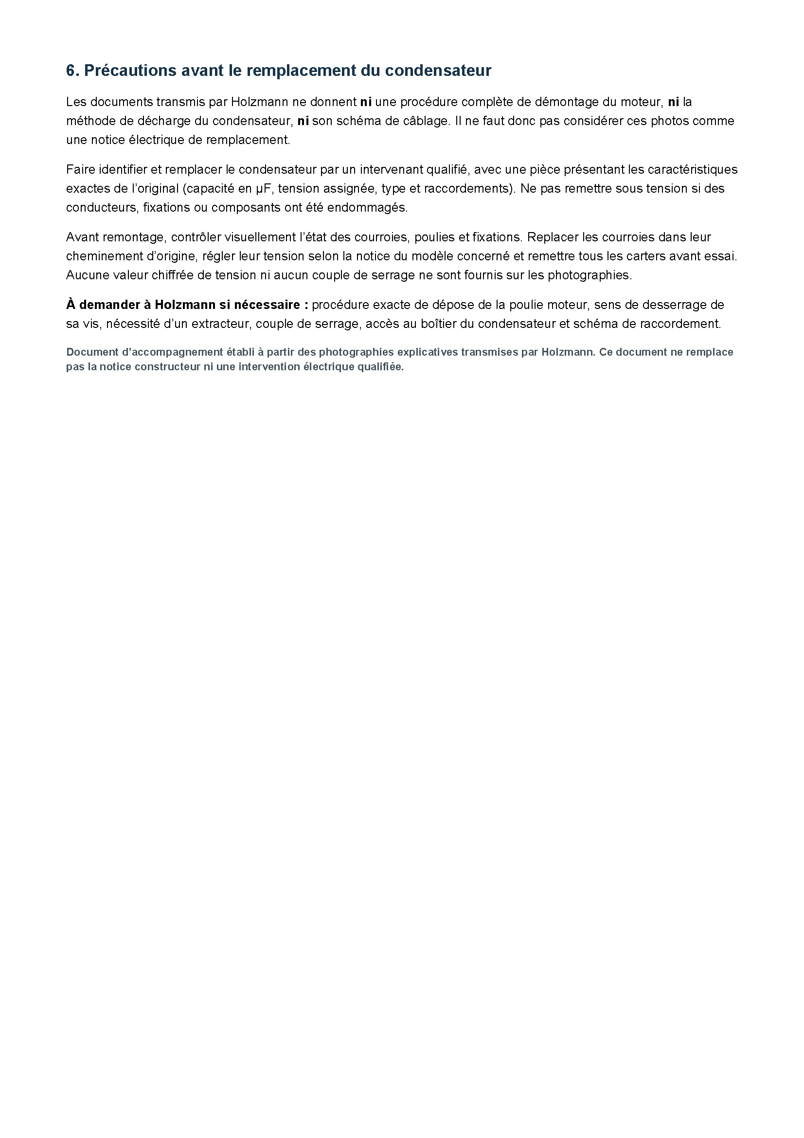 Précautions remplacement condensateur moteur Holzmann HOB260ABS