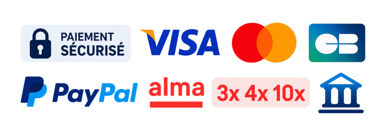 Paiement sécurisé : Visa, Mastercard, CB, PayPal, Alma en 3x, 4x ou 10x, virement bancaire